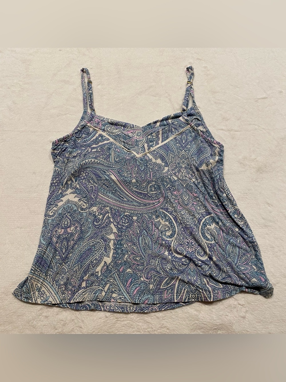 (M) Soma Cool Nights Printed Piped Pajama Cami Shorts Set Paisley Cream Blue - Picture 10 of 16